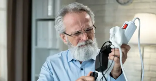 Businessman looking for free socket in overcrowded power board